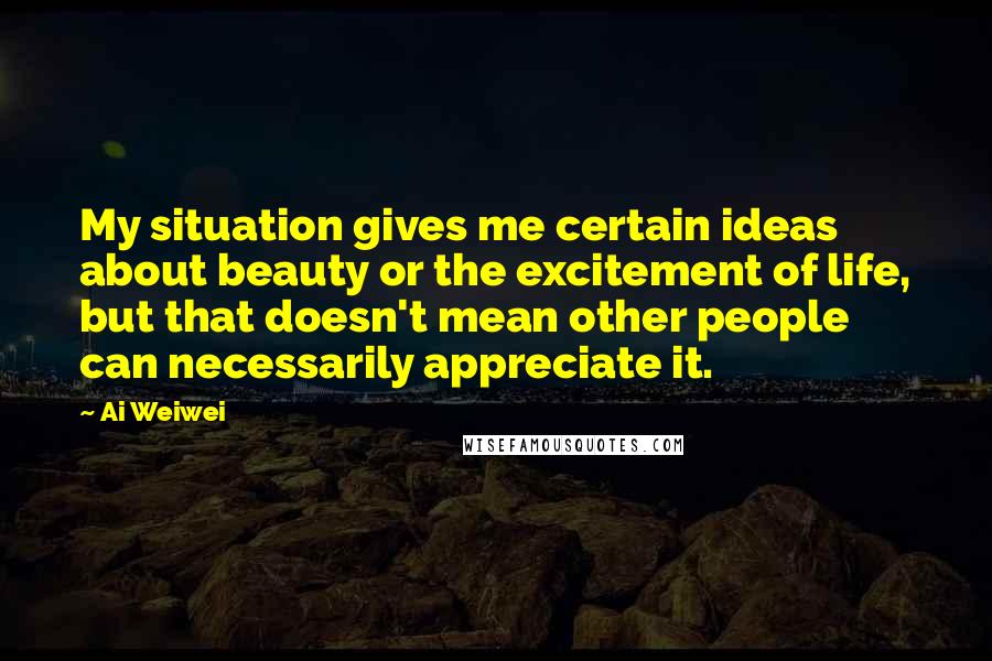 Ai Weiwei Quotes: My situation gives me certain ideas about beauty or the excitement of life, but that doesn't mean other people can necessarily appreciate it.