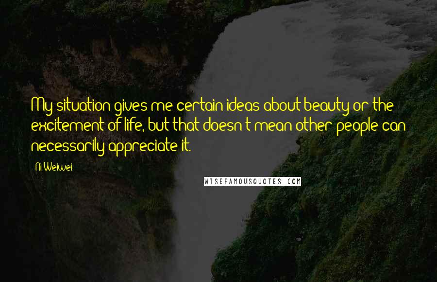 Ai Weiwei Quotes: My situation gives me certain ideas about beauty or the excitement of life, but that doesn't mean other people can necessarily appreciate it.