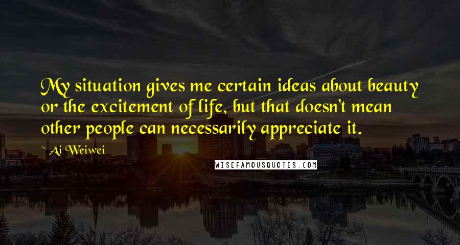 Ai Weiwei Quotes: My situation gives me certain ideas about beauty or the excitement of life, but that doesn't mean other people can necessarily appreciate it.