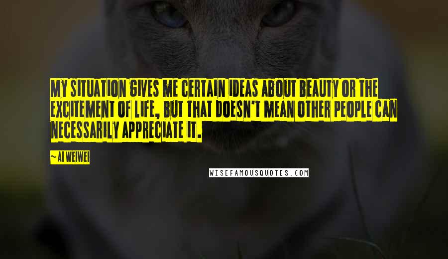 Ai Weiwei Quotes: My situation gives me certain ideas about beauty or the excitement of life, but that doesn't mean other people can necessarily appreciate it.