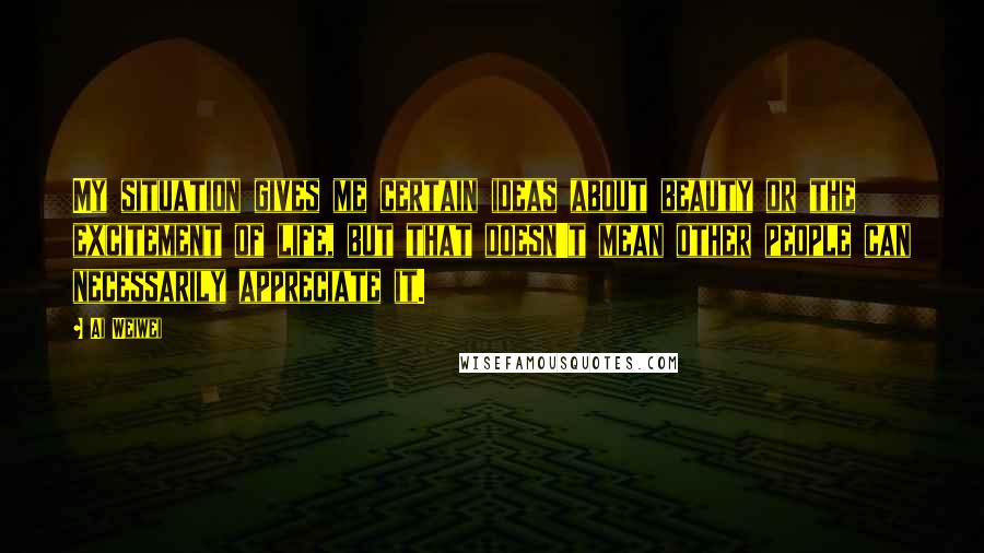Ai Weiwei Quotes: My situation gives me certain ideas about beauty or the excitement of life, but that doesn't mean other people can necessarily appreciate it.