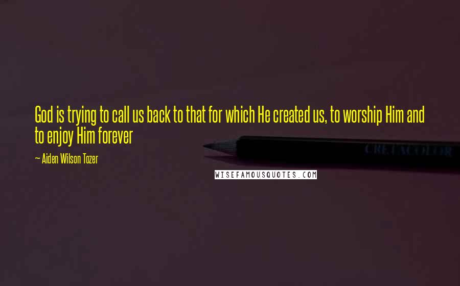 Aiden Wilson Tozer Quotes: God is trying to call us back to that for which He created us, to worship Him and to enjoy Him forever