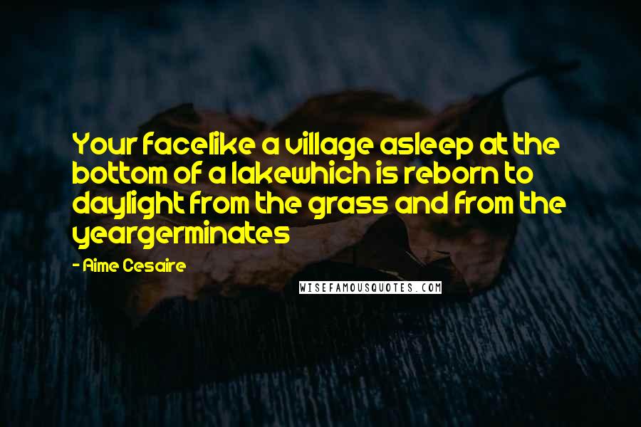 Aime Cesaire Quotes: Your facelike a village asleep at the bottom of a lakewhich is reborn to daylight from the grass and from the yeargerminates