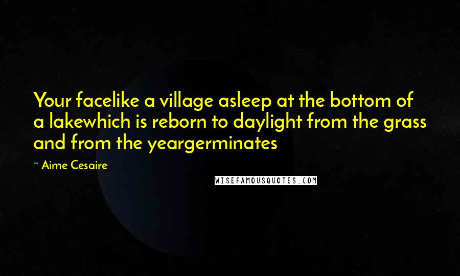 Aime Cesaire Quotes: Your facelike a village asleep at the bottom of a lakewhich is reborn to daylight from the grass and from the yeargerminates