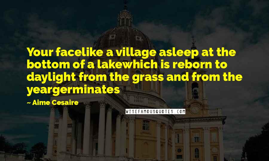 Aime Cesaire Quotes: Your facelike a village asleep at the bottom of a lakewhich is reborn to daylight from the grass and from the yeargerminates