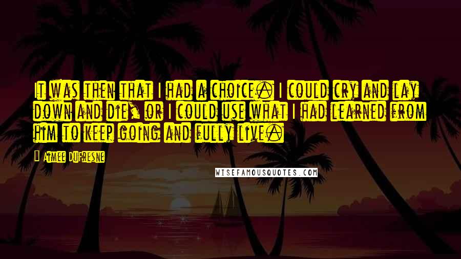 Aimee DuFresne Quotes: It was then that I had a choice. I could cry and lay down and die, or I could use what I had learned from him to keep going and fully live.