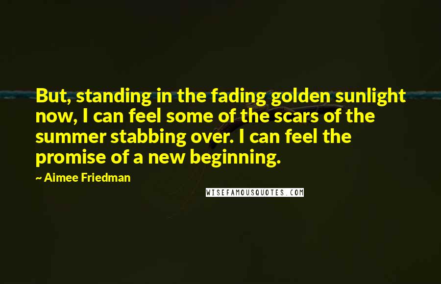 Aimee Friedman Quotes: But, standing in the fading golden sunlight now, I can feel some of the scars of the summer stabbing over. I can feel the promise of a new beginning.