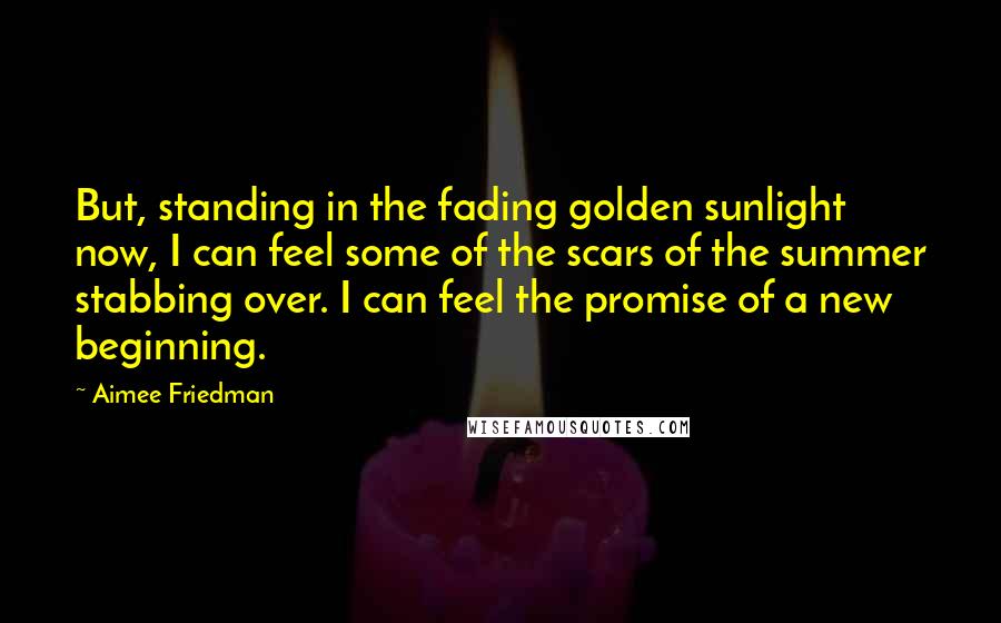 Aimee Friedman Quotes: But, standing in the fading golden sunlight now, I can feel some of the scars of the summer stabbing over. I can feel the promise of a new beginning.