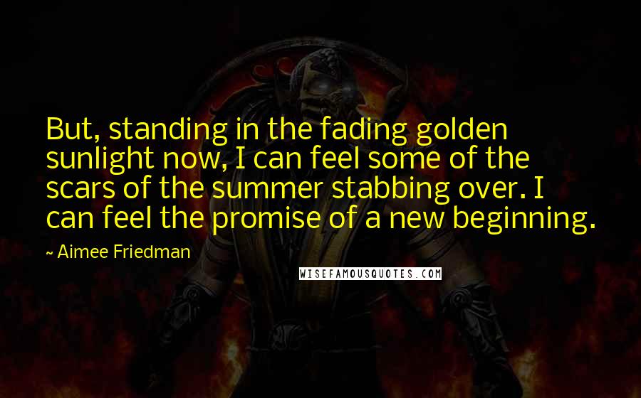Aimee Friedman Quotes: But, standing in the fading golden sunlight now, I can feel some of the scars of the summer stabbing over. I can feel the promise of a new beginning.