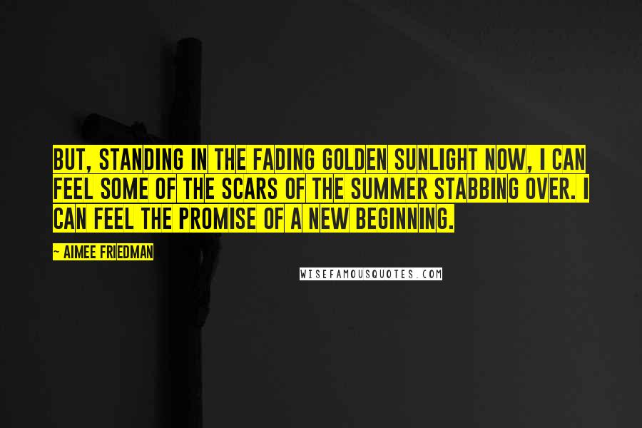 Aimee Friedman Quotes: But, standing in the fading golden sunlight now, I can feel some of the scars of the summer stabbing over. I can feel the promise of a new beginning.