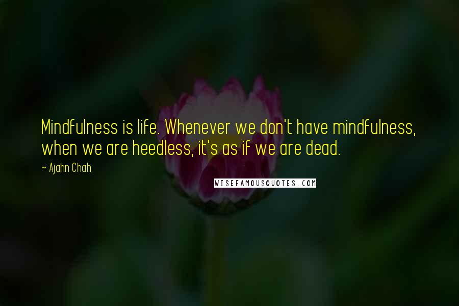 Ajahn Chah Quotes: Mindfulness is life. Whenever we don't have mindfulness, when we are heedless, it's as if we are dead.