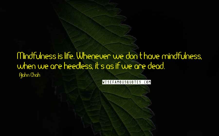 Ajahn Chah Quotes: Mindfulness is life. Whenever we don't have mindfulness, when we are heedless, it's as if we are dead.