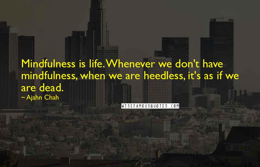 Ajahn Chah Quotes: Mindfulness is life. Whenever we don't have mindfulness, when we are heedless, it's as if we are dead.