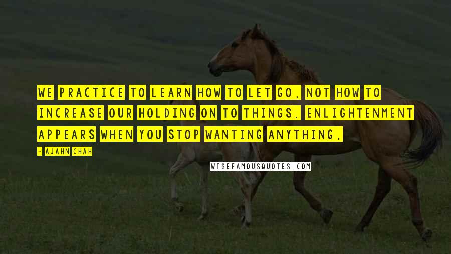 Ajahn Chah Quotes: We practice to learn how to let go, not how to increase our holding on to things. Enlightenment appears when you stop wanting anything.