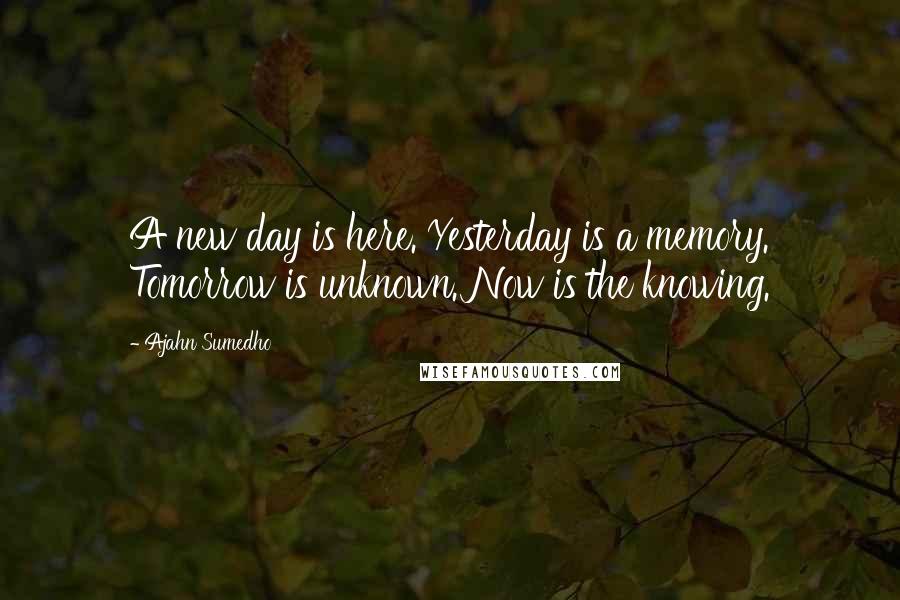 Ajahn Sumedho Quotes: A new day is here. Yesterday is a memory. Tomorrow is unknown. Now is the knowing.