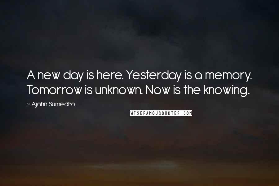 Ajahn Sumedho Quotes: A new day is here. Yesterday is a memory. Tomorrow is unknown. Now is the knowing.