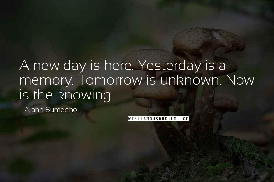 Ajahn Sumedho Quotes: A new day is here. Yesterday is a memory. Tomorrow is unknown. Now is the knowing.