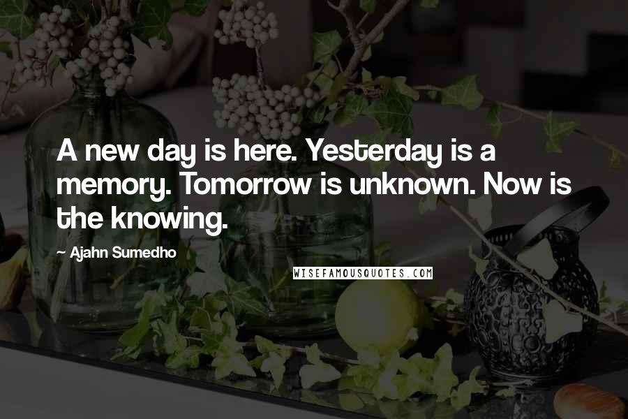 Ajahn Sumedho Quotes: A new day is here. Yesterday is a memory. Tomorrow is unknown. Now is the knowing.