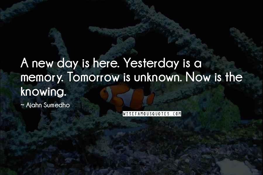 Ajahn Sumedho Quotes: A new day is here. Yesterday is a memory. Tomorrow is unknown. Now is the knowing.