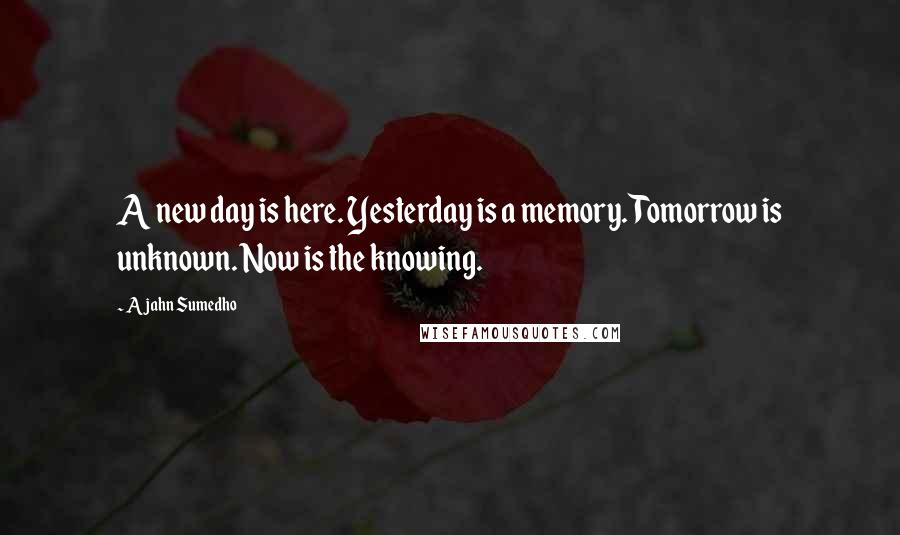 Ajahn Sumedho Quotes: A new day is here. Yesterday is a memory. Tomorrow is unknown. Now is the knowing.