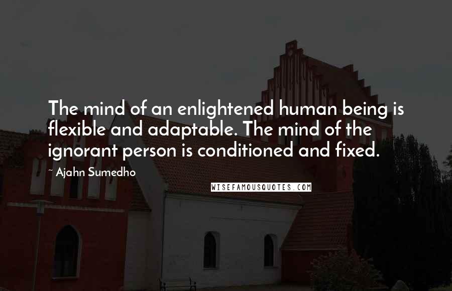 Ajahn Sumedho Quotes: The mind of an enlightened human being is flexible and adaptable. The mind of the ignorant person is conditioned and fixed.