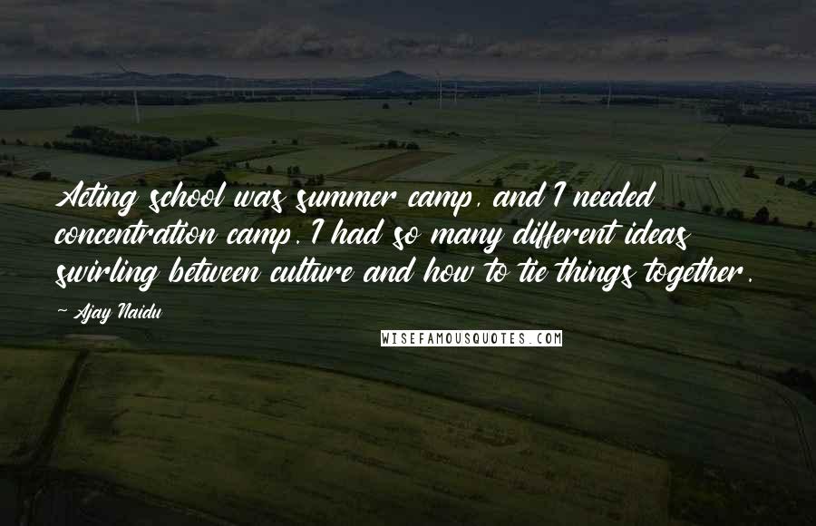 Ajay Naidu Quotes: Acting school was summer camp, and I needed concentration camp. I had so many different ideas swirling between culture and how to tie things together.
