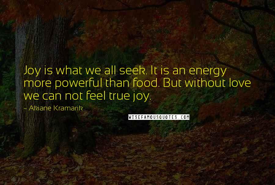 Akiane Kramarik Quotes: Joy is what we all seek. It is an energy more powerful than food. But without love we can not feel true joy.