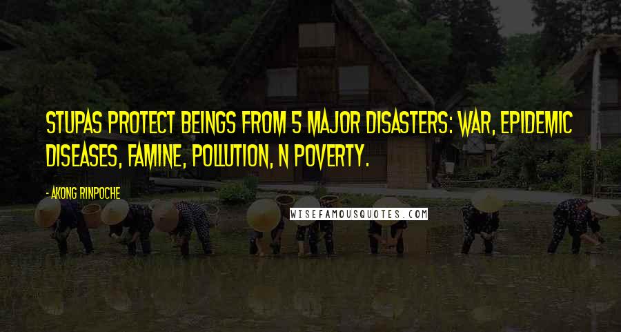 Akong Rinpoche Quotes: Stupas protect beings from 5 major disasters: war, epidemic diseases, famine, pollution, n poverty.