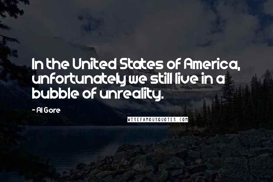 Al Gore Quotes: In the United States of America, unfortunately we still live in a bubble of unreality.