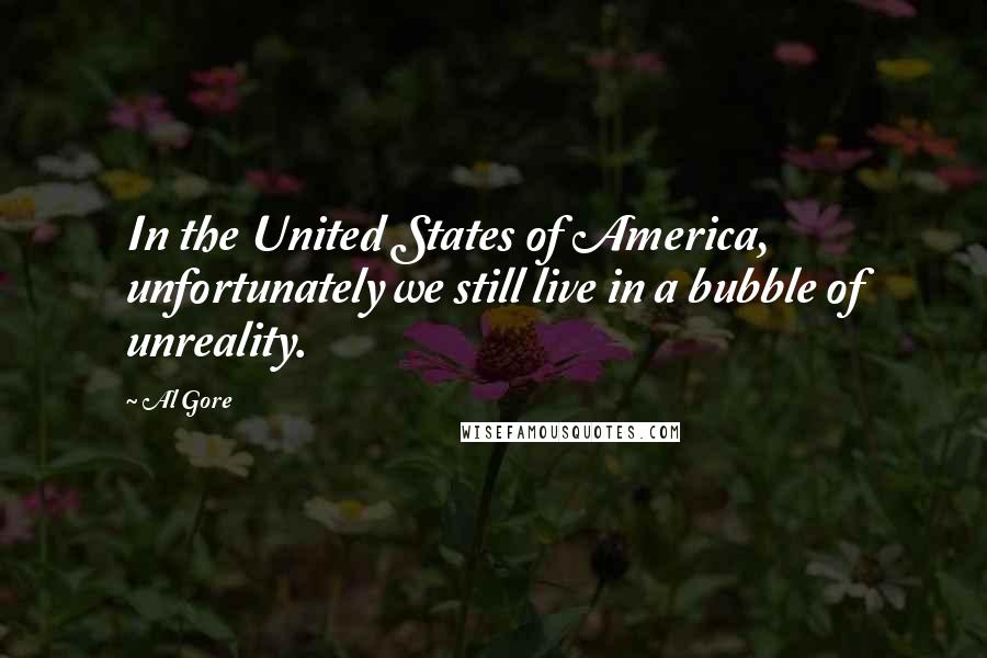 Al Gore Quotes: In the United States of America, unfortunately we still live in a bubble of unreality.