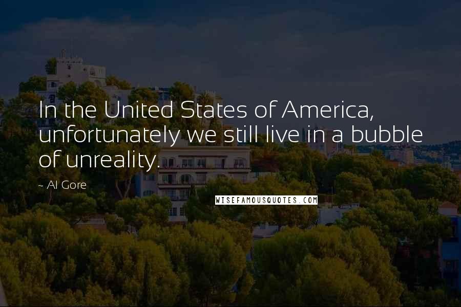 Al Gore Quotes: In the United States of America, unfortunately we still live in a bubble of unreality.