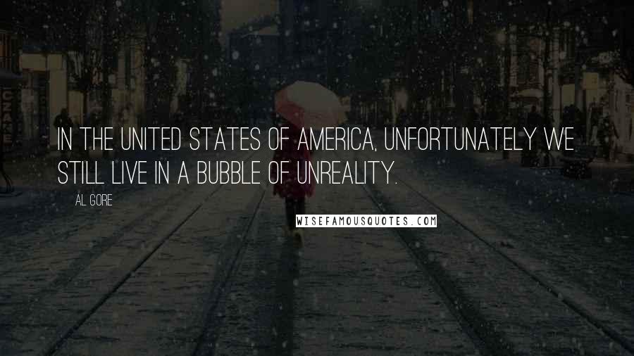 Al Gore Quotes: In the United States of America, unfortunately we still live in a bubble of unreality.