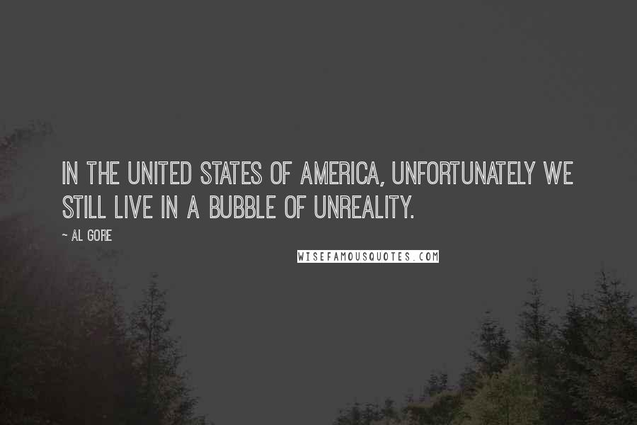 Al Gore Quotes: In the United States of America, unfortunately we still live in a bubble of unreality.