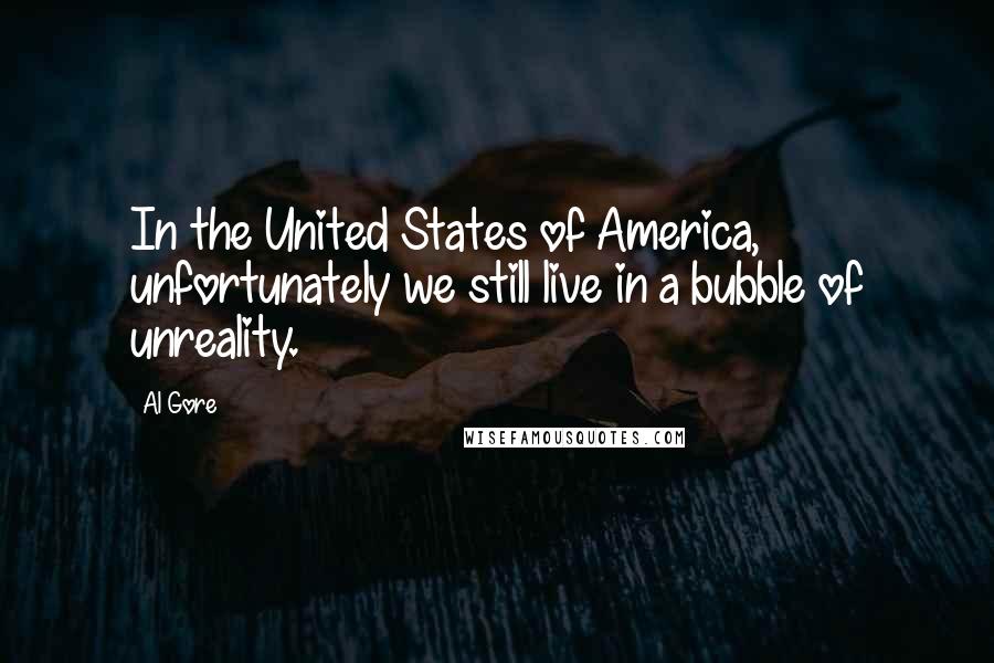 Al Gore Quotes: In the United States of America, unfortunately we still live in a bubble of unreality.