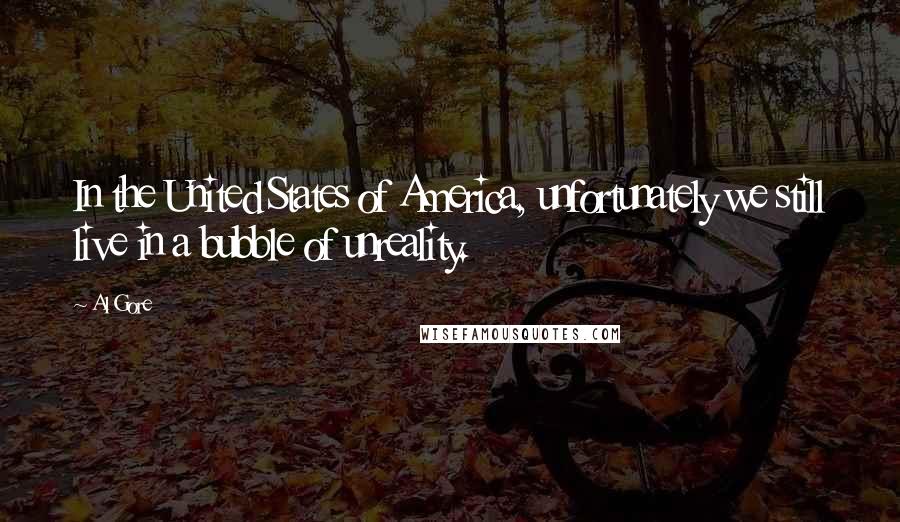 Al Gore Quotes: In the United States of America, unfortunately we still live in a bubble of unreality.