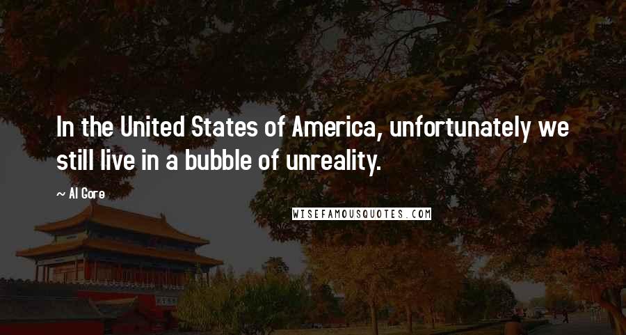 Al Gore Quotes: In the United States of America, unfortunately we still live in a bubble of unreality.