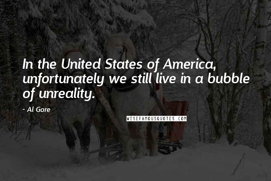 Al Gore Quotes: In the United States of America, unfortunately we still live in a bubble of unreality.