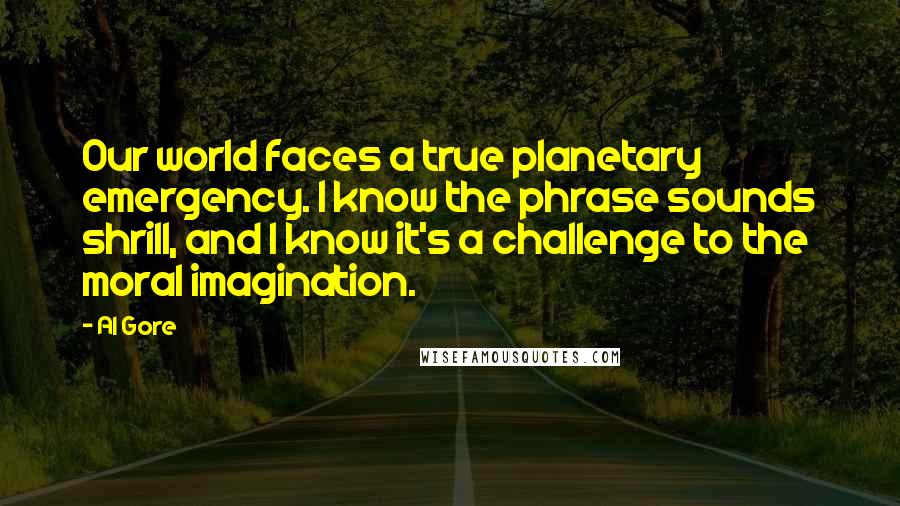 Al Gore Quotes: Our world faces a true planetary emergency. I know the phrase sounds shrill, and I know it's a challenge to the moral imagination.