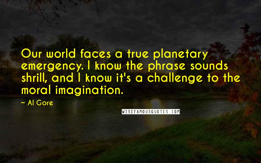 Al Gore Quotes: Our world faces a true planetary emergency. I know the phrase sounds shrill, and I know it's a challenge to the moral imagination.