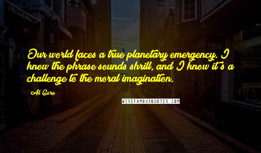 Al Gore Quotes: Our world faces a true planetary emergency. I know the phrase sounds shrill, and I know it's a challenge to the moral imagination.