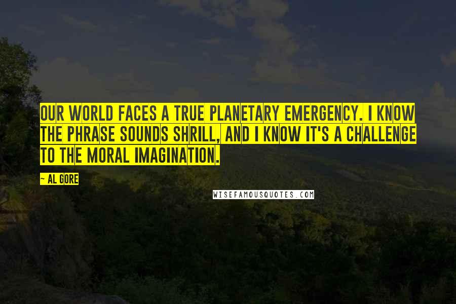 Al Gore Quotes: Our world faces a true planetary emergency. I know the phrase sounds shrill, and I know it's a challenge to the moral imagination.