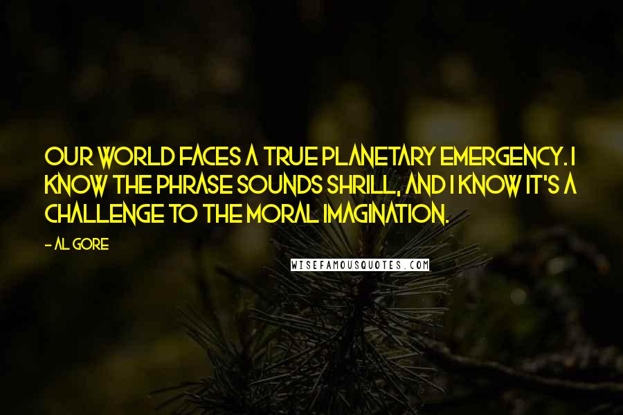Al Gore Quotes: Our world faces a true planetary emergency. I know the phrase sounds shrill, and I know it's a challenge to the moral imagination.