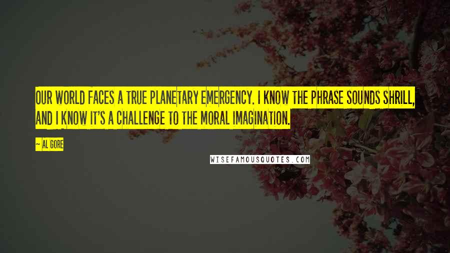 Al Gore Quotes: Our world faces a true planetary emergency. I know the phrase sounds shrill, and I know it's a challenge to the moral imagination.