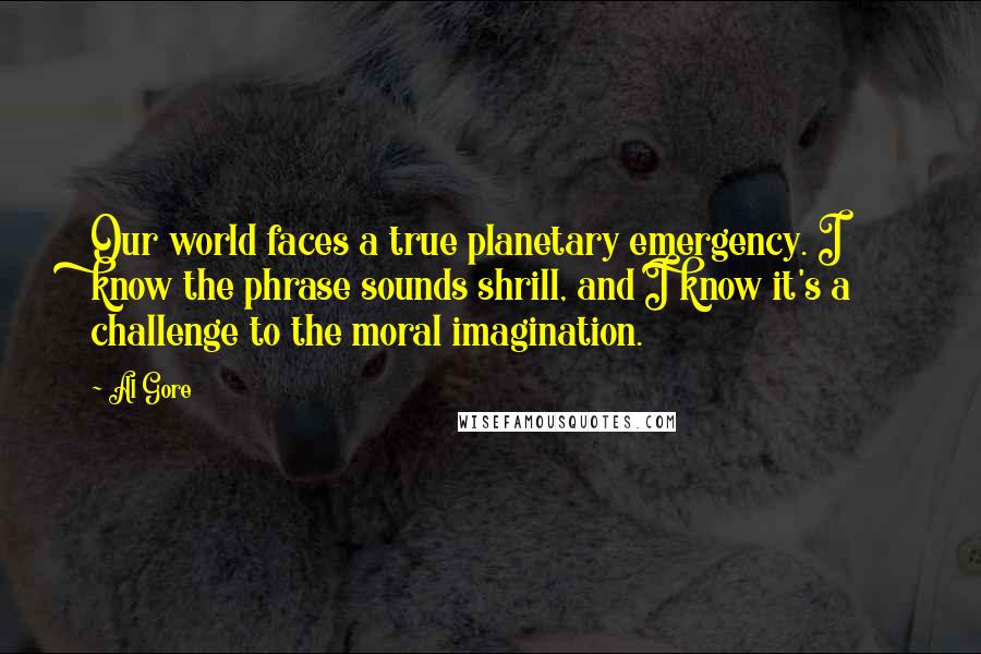 Al Gore Quotes: Our world faces a true planetary emergency. I know the phrase sounds shrill, and I know it's a challenge to the moral imagination.