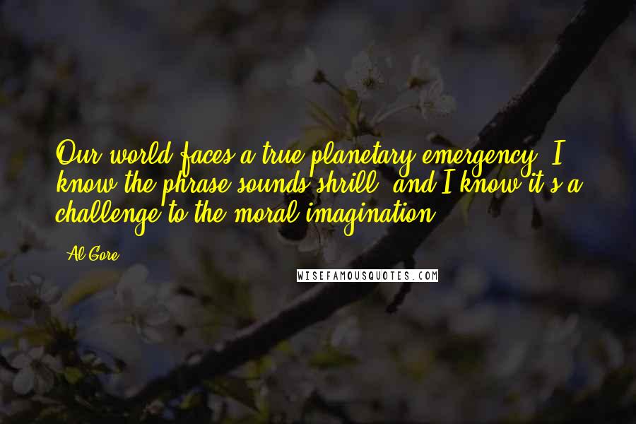 Al Gore Quotes: Our world faces a true planetary emergency. I know the phrase sounds shrill, and I know it's a challenge to the moral imagination.