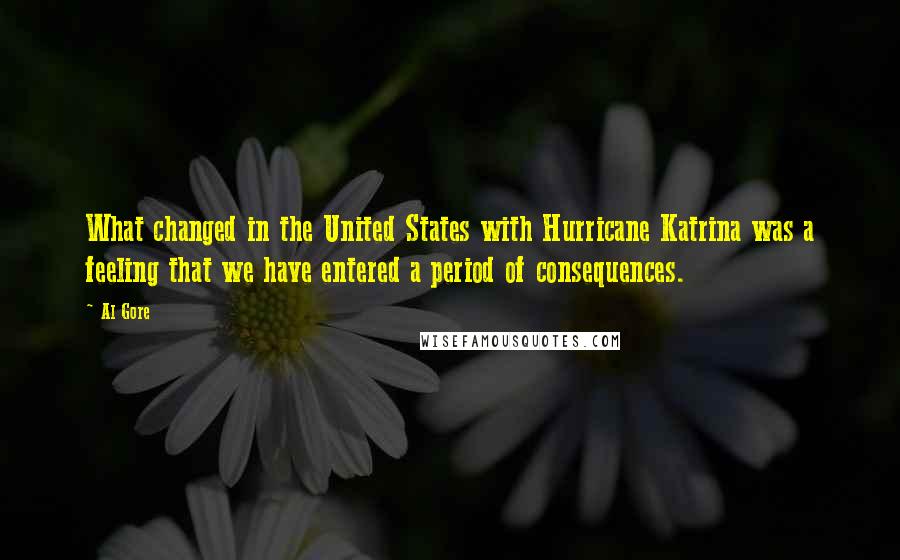 Al Gore Quotes: What changed in the United States with Hurricane Katrina was a feeling that we have entered a period of consequences.