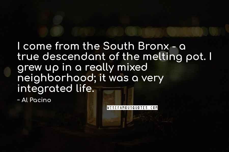 Al Pacino Quotes: I come from the South Bronx - a true descendant of the melting pot. I grew up in a really mixed neighborhood; it was a very integrated life.