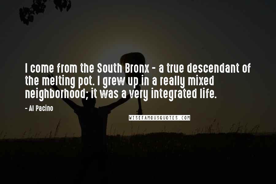Al Pacino Quotes: I come from the South Bronx - a true descendant of the melting pot. I grew up in a really mixed neighborhood; it was a very integrated life.