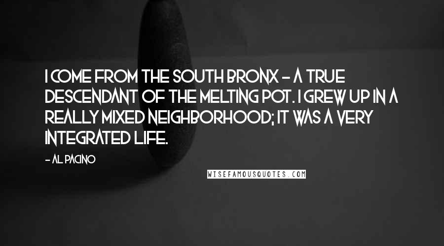 Al Pacino Quotes: I come from the South Bronx - a true descendant of the melting pot. I grew up in a really mixed neighborhood; it was a very integrated life.