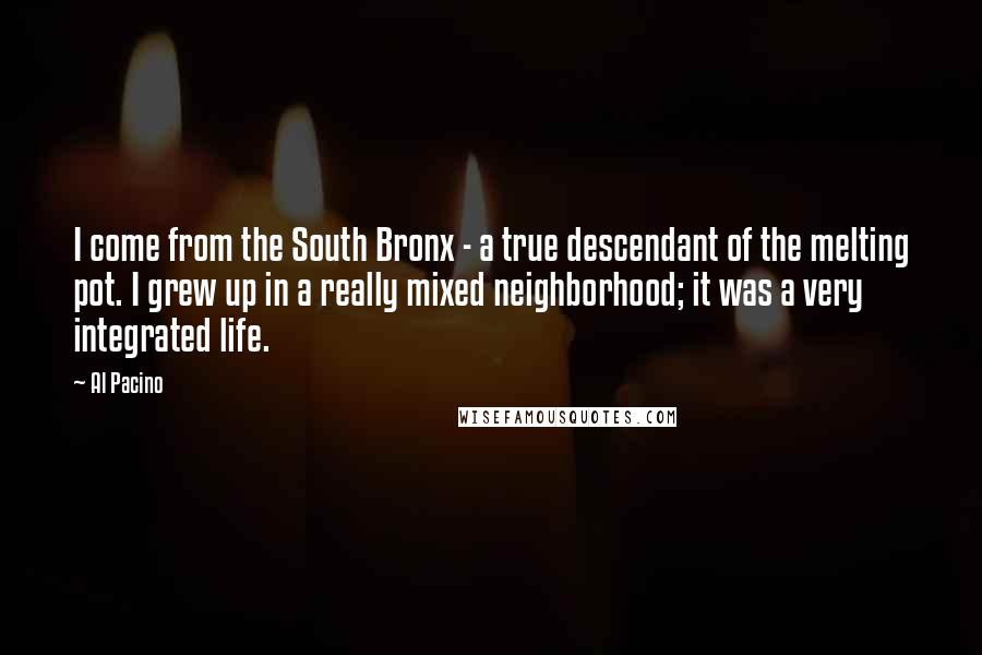 Al Pacino Quotes: I come from the South Bronx - a true descendant of the melting pot. I grew up in a really mixed neighborhood; it was a very integrated life.